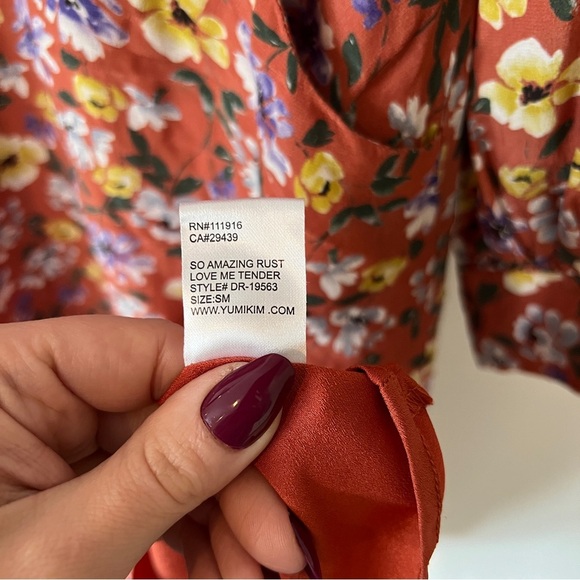 Yumi Kim So Amazing Rust Silk Floral Love Me Tender Dress Long Sleeves Pockets - Picture 11 of 14